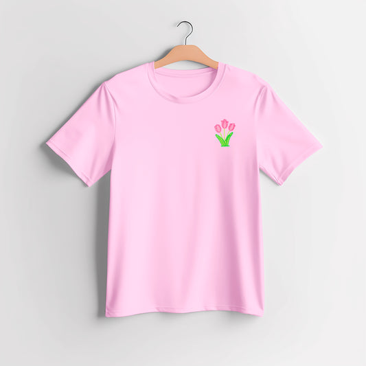 Pink Tulips Embroidered T-shirt