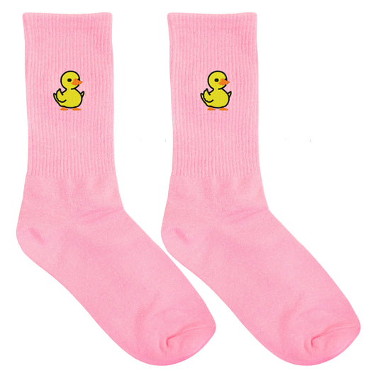 Yellow Duck Embroidered Pink Socks