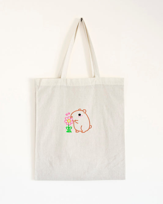 Cute Flower Capybara Embroidered Tote Bag